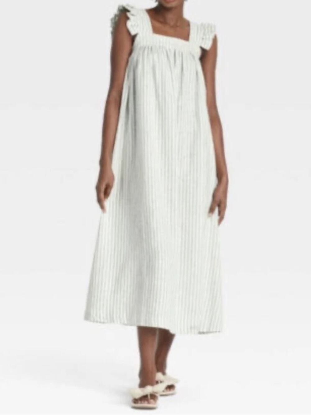 A New Day Small Green/White Striped Linen-Blend Maxi Dress Bohemian Cottage